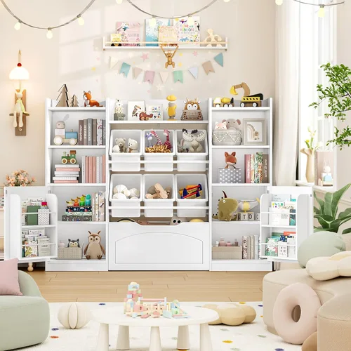 Miniatura 9 de FINETONES Organizador de almacenamiento de juguetes de 55 pulgadas con 6 contenedores de juguetes, estantería grande 5 en 1 para niños con cofres