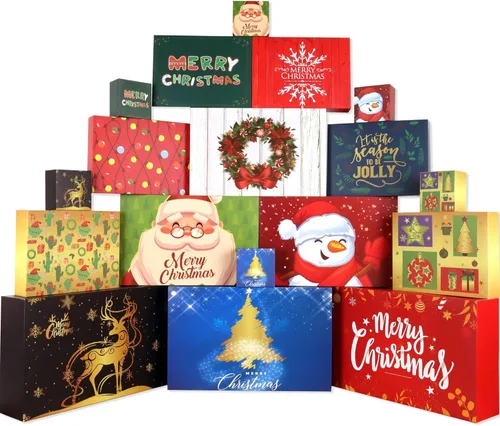 Giiffu 18 cajas de regalo de cartón de Navidad con tapas, 12 diseños y 4 tamaños con etiquetas de regalo, cajas de regalo decorativas de Navidad de