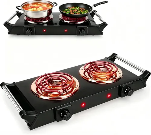 Placa caliente de 2000 W, estufa eléctrica portátil para encimera, quemadores de bobina doble con control de temperatura de 5 niveles y asas que se