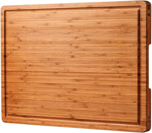 Tablas de cortar de bambú de 24 x 18 pulgadas, bandeja para servir queso charcutería XXL con asas y ranuras para jugos, estructura sólida, delgada,