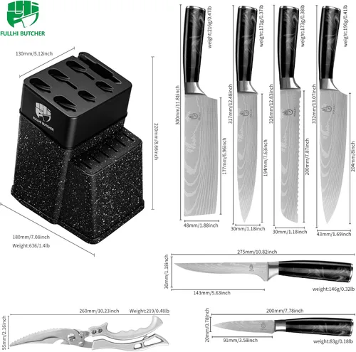 Miniatura 2 de FULLHI Juego de 8 piezas de bloque de cuchillos, juego de cuchillos de chef con bloque y afilador, juego de cuchillos de cocina, mango multicolor