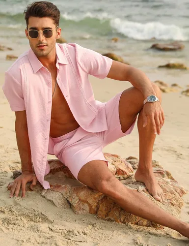 Miniatura 4 de LecGee Conjunto corto casual de verano para hombre, camisa cubana de lino de manga corta, pantalones cortos con cordón en la cintura, trajes