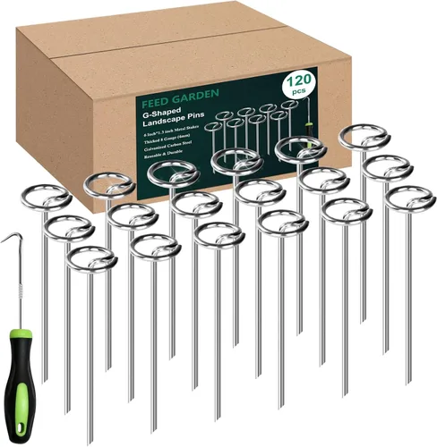 Miniatura 9 de FEED GARDEN Paquete de 60 grapas de paisaje galvanizadas de calibre 8 de 6 pulgadas, estacas de jardín SOD para cubierta de plantas, tienda, tela