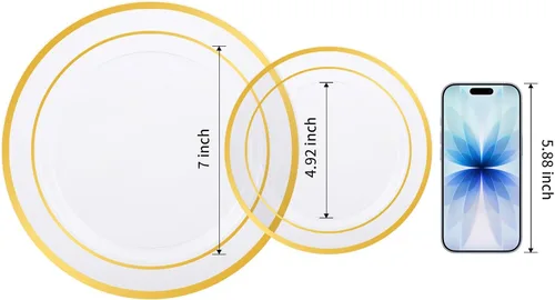 Miniatura 2 de BESTVIP 100 platos de postre de plástico transparente de 7 pulgadas, pequeño plato desechable para ensalada con borde dorado, platos pequeños