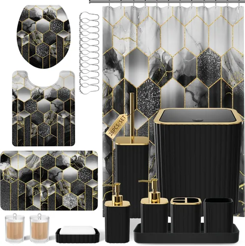XLHOMO Juego de baño – Juego de baño de 26 piezas con cortina de ducha y alfombras, juego de accesorios de baño, juego de accesorios de baño negro,