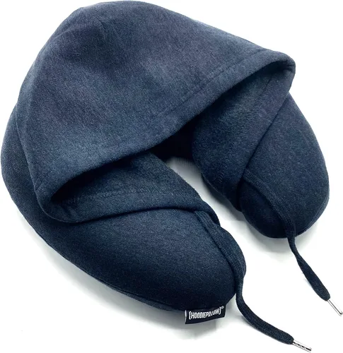 Almohada cervical de viaje para el avión de HoodiePillow, es inflable y cómoda, con una capucha incluida que te da privacidad y en varios colores -
