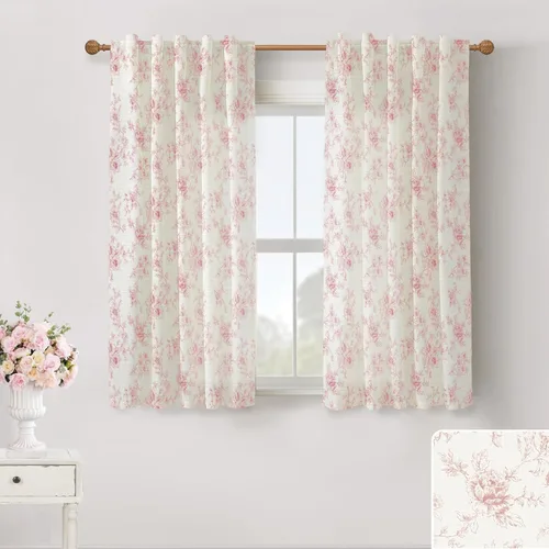 Lino Rosa Cortinas cortas y traslúcidas para ventana de cocina sobre el fregadero, cortinas de lino con patrón floral rosa estampado vintage para