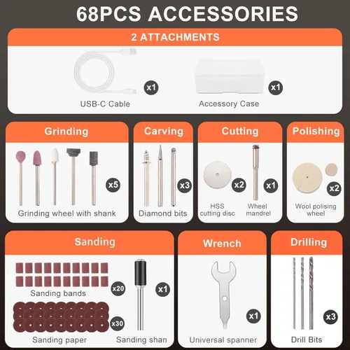 Miniatura 7 de Herramienta giratoria inalámbrica, kit de amoladora de pantalla Sreen de 6 velocidades con pinza universal y luz LED frontal, 68 accesorios