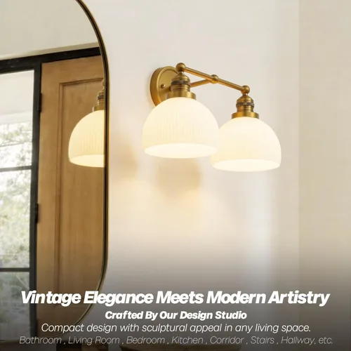 Miniatura 2 de Apliques de Pared Dorados de 2 Luces, Aplique de Pared Vintage para Baño con Vidrio Esmerilado de Doble Brazo de Latón, Luz de Tocador para Baño