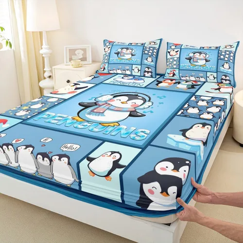 Miniatura 4 de Juego de sábanas de dibujos animados para niños, tamaño King, bonito juego de ropa de cama de esquí de animales árticos, decoración de habitación