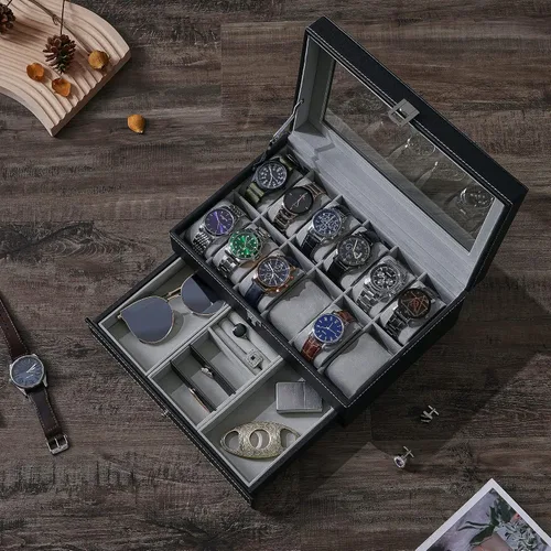 Miniatura 2 de BEWISHOME Caja organizadora de 12 relojes con cajón de exhibición de joyas, bandeja ajustable, caja de almacenamiento de reloj para hombres con tapa