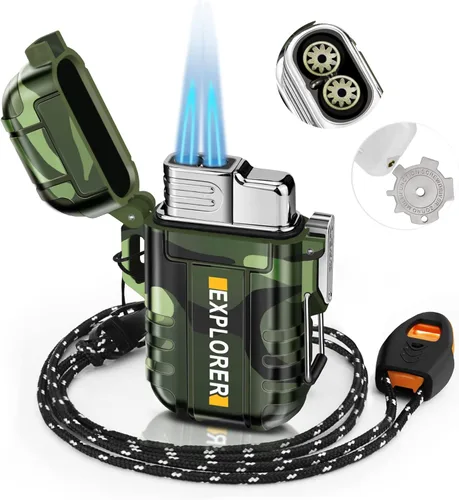 SAMNIU Encendedor de antorcha, doble llama de chorro, impermeable, resistente al viento, encendedores de gas butano recargables para supervivencia,