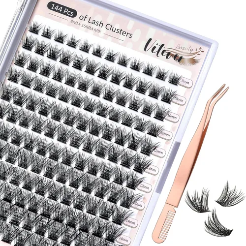 Pestañas en racimo con aplicador de pestañas, pestañas individuales de aspecto natural, extensiones de pestañas 40D con banda suave, 144 racimos de