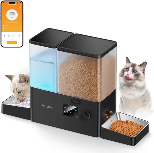 Miniatura 12 de ROJECO Comedero automático para gatos y dispensador de agua, 36 tazas/8.5 L, cuencos de acero inoxidable 2 en 1, dispensador de comida para gatos
