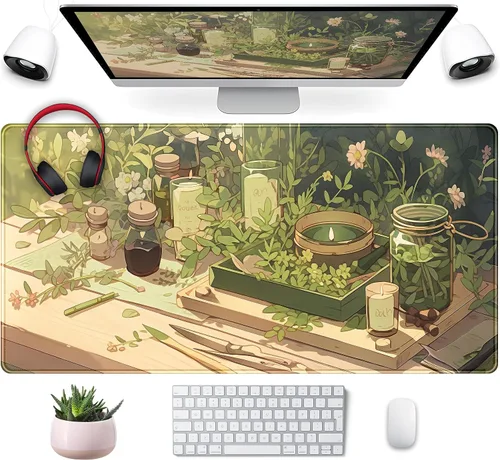 Miniatura 9 de Tapete para teclado bohemio con pintura pastel, tapete para mouse con plantas verdes matcha, accesorios abstractos, tapete de escritorio