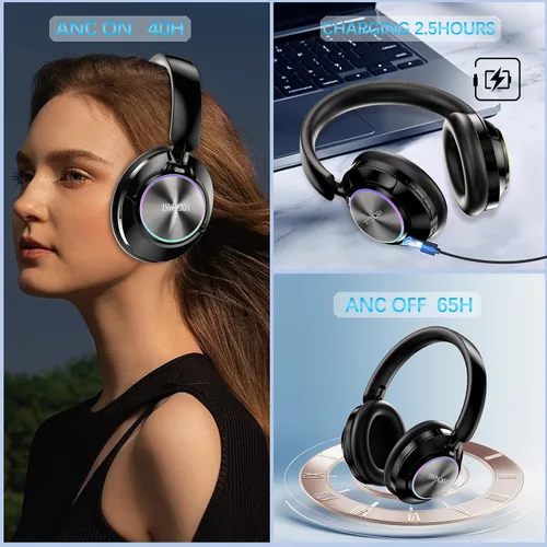 Miniatura 2 de Auriculares inalámbricos Bluetooth con cancelación de ruido con micrófono, tiempo de reproducción de 65 horas, llamadas claras, ajuste cómodo