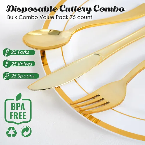 Miniatura 2 de FOCUSLINE Juego de 75 cubiertos desechables de plástico dorado, 25 tenedores, cuchillos, cucharas, cubiertos desechables, juego de utensilios