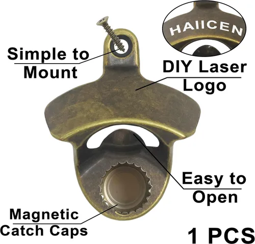 Miniatura 2 de Abrebotellas magnético de bronce antiguo para montaje en pared, abridor de tapas de cerveza con tornillos de acero inoxidable retro con imanes
