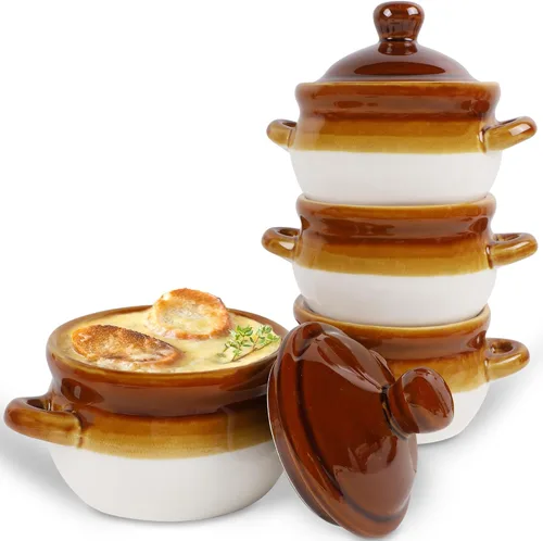 Adroiteet Juego de 4 cuencos de sopa de cebolla francesa, crocks de sopa de 16 onzas con asas y tapas, cuencos de cerámica aptos para horno, cuenco