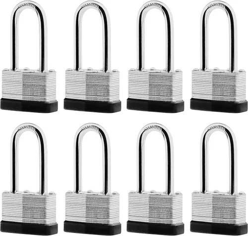 SafiSwords Paquete de 8 candados de acero laminado con llaves iguales, 1-3/4" de ancho, juego de candados largos de alta resistencia con las mismas