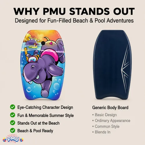 Miniatura 8 de PMU Bodyboard impreso de 26 pulgadas, correa de muñeca ligera, parte inferior lisa para playa, tabla de surf para niños, adolescentes y adultos
