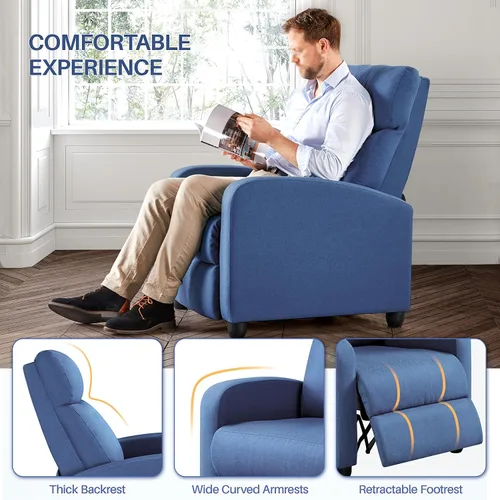 Miniatura 6 de Yaheetech Asiento de cine en casa Silla reclinable de tela moderna individual sala de estar sofá reclinable con bolsillo, resorte azul claro
