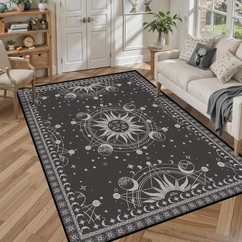Miniatura 15 de 5' X 7' Alfombra con diseño de sol y luna, alfombras boho celestiales para dormitorio, sala de estar, estilo bohemio, oculto, media luna, solar