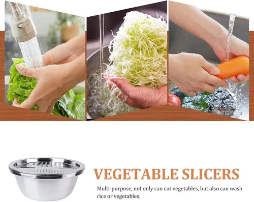 Miniatura 6 de OSALADI Rallador de acero inoxidable 3 en 1, escurridor de verduras, herramienta de cocina multiusos para lavar arroz y cortar verduras, 10.23 x