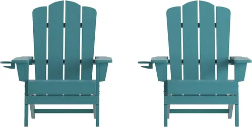 Miniatura 19 de Flash Furniture Newport Adirondack - Silla Adirondack con soporte para tazas, silla Adirondack de poliresina resistente a la intemperie, color azul