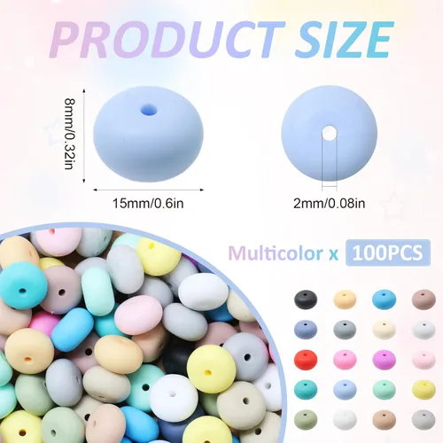 Miniatura 2 de Decoendiy 100 cuentas sueltas de ábaco de silicona de 0.59 pulgadas, cuentas gruesas planas y redondas, cuentas de goma espaciadoras de silicona