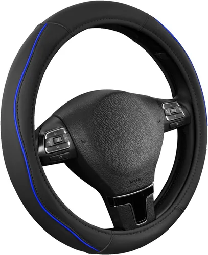 Miniatura 15 de Road Comforts Funda de cuero para volante con ribete decorativo y ribetes, diseño antideslizante y transpirable, se adapta a volantes redondos
