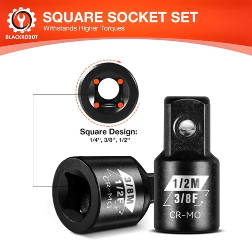 Miniatura 4 de BLACKROBOT Juego de 4 adaptadores de enchufe de impacto, 1/4" 3/8" 1/2" juego de adaptadores de enchufe de accionamiento SAE, juego de conversión