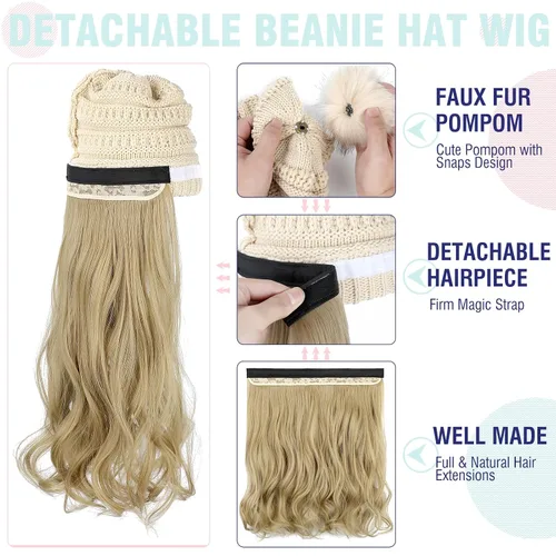 Miniatura 4 de Gorro Peluca Gorro de Lana con Cabello Extensiones Largas Onduladas Gorro de Punto con Pompón Adjunto de 20" Pieza de Cabello Sintética Removible