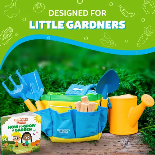 Miniatura 2 de Juego de jardinería para niños – El kit de jardinería para niños pequeños incluye regadera para niños, pala, rastrillo, estacas para plantas, Azul