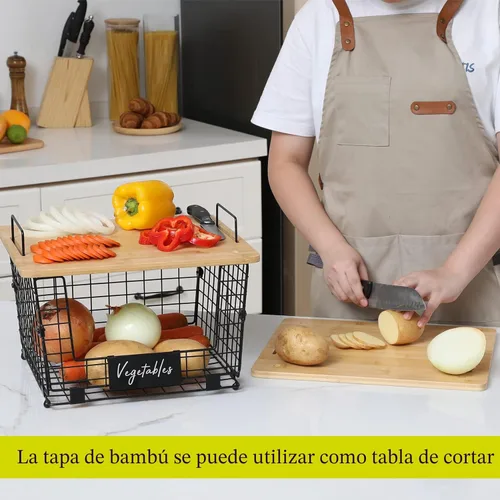 Miniatura 4 de 2 Juegos de Cestas de Alambre Apilables XXL con Tapas de Bambú y Etiqueta - Organizador de Despensa y Contenedores de Almacenamiento, Estante