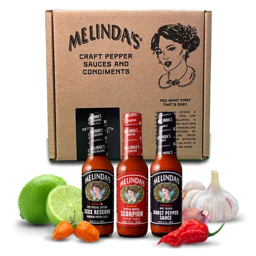 Melinda's Extreme Fiery Collection - Juego de regalo de salsa picante extra picante - Incluye pimienta fantasma, pimienta escorpión, reserva
