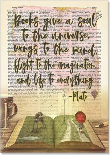 Miniatura 4 de Cartel artístico con cita de Platón, con texto en inglés "Books Give A Soul To the Universe", sin marco, página de diccionario literario vintage
