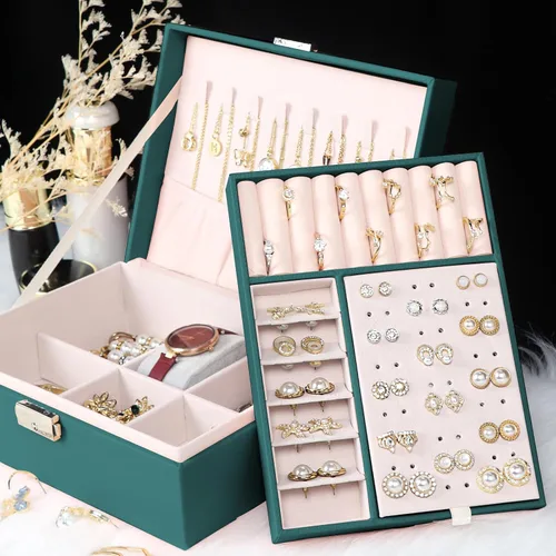 Miniatura 34 de Joyero para mujeres y niñas, contenedor organizador de joyas de 2 capas con cerradura, estuche de almacenamiento de piel sintética con bandeja