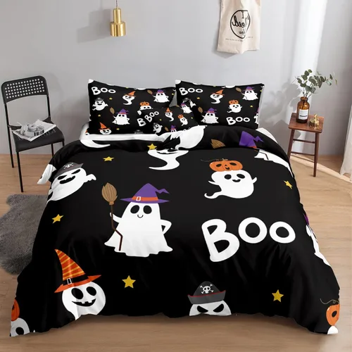 Miniatura 10 de Juego de funda de edredón de calabaza para Halloween, divertido diseño de calabaza malvada, color negro, juego de ropa de cama Tiwn 1 funda