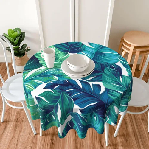 Miniatura 7 de Sweetshow Mantel Tropical Redondo de 60 Pulgadas para Verano Hoja de Palmera Hawaiana Verde Mantel Redondo de Poliéster Lavable Cubierta de Mesa
