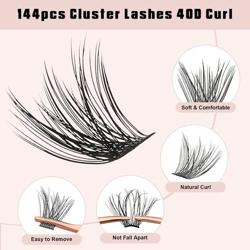 Miniatura 4 de Pestañas en racimo con aplicador de pestañas, pestañas individuales de aspecto natural, extensiones de pestañas 40D con banda suave, 144 racimos