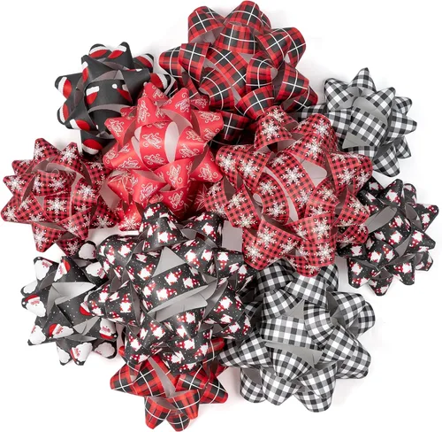 WRAPAHOLIC - Surtido de 12 moños de regalo navideños - Papel kraft rojo y negro con temática navideña para fiestas, cumpleaños y baby shower Navidad