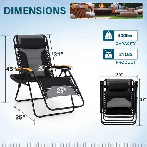 Miniatura 3 de MFSTUDIO Zero Gravity - Juego de 2 sillas de gran tamaño para exteriores, sillas antigravedad para exteriores, silla plegable ajustable con soporte