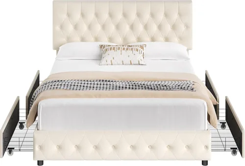 Miniatura 7 de Keyluv - Marco de cama tapizado moderno con 4 cajones de almacenamiento, diseño de cabecera con botones, soporte de listones de madera maciza, fácil