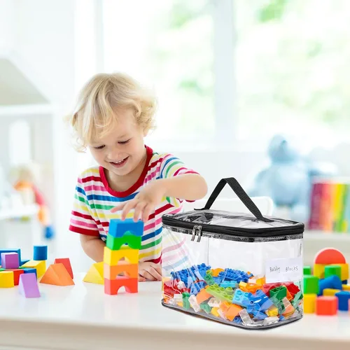 Miniatura 3 de Paquete de 4 bolsas de almacenamiento grandes transparentes para juguetes con etiqueta de nombre, funda organizadora de juguetes de PVC impermeable