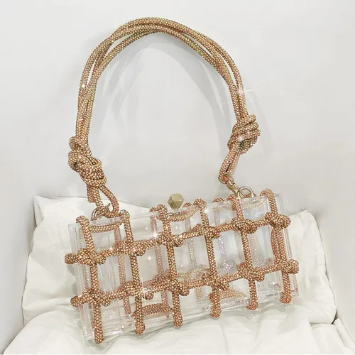 Miniatura 5 de JYG Bolso de mano de noche de acrílico para mujer, con diamantes de imitación brillantes, con cuerda anudada, bolsos transparentes para fiesta