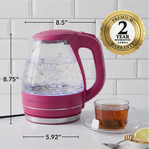 Miniatura 6 de OVENTE Hervidor Eléctrico, 1.5L de Vidrio de Borosilicato para Encimera, Calentador y Hervidor de Agua para Café o Té, Libre de BPA, Apagado Rosa