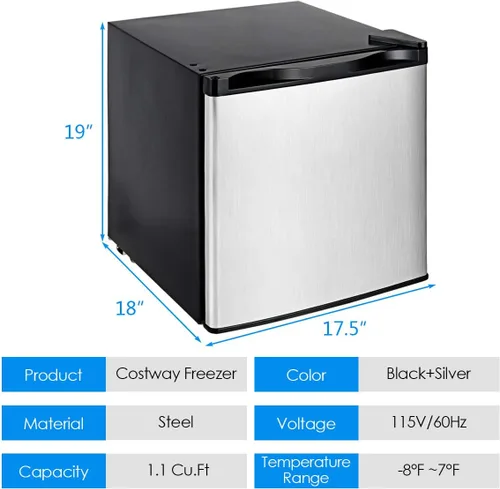 Miniatura 4 de COSTWAY Congelador vertical compacto de 1.1 pies cúbicos, tamaño mini con puerta reversible de acero inoxidable y estantes extraíbles ajustables
