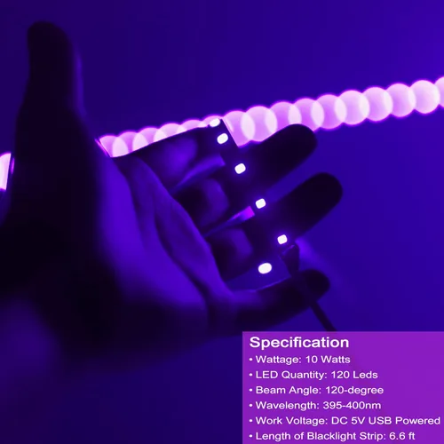 Miniatura 2 de Tira de luz negra USB, 6.6 pies, 10 W, luces LED UV, 395-400 nm, CC 5 V, 120 cuentas de lámpara, brillan en la oscuridad para Halloween, cumpleaños