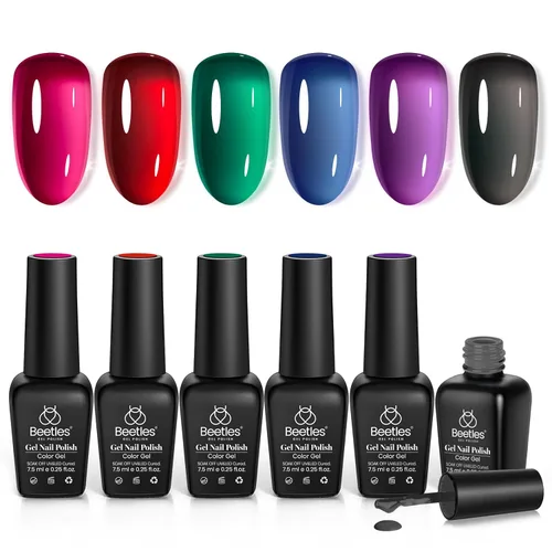 Miniatura 8 de Beetles Jelly Gel Polish Set - Esmalte de uñas de gel mágico, kit de 6 colores de Navidad, esmalte de uñas de gel rosa, rojo, negro, azul, verde
